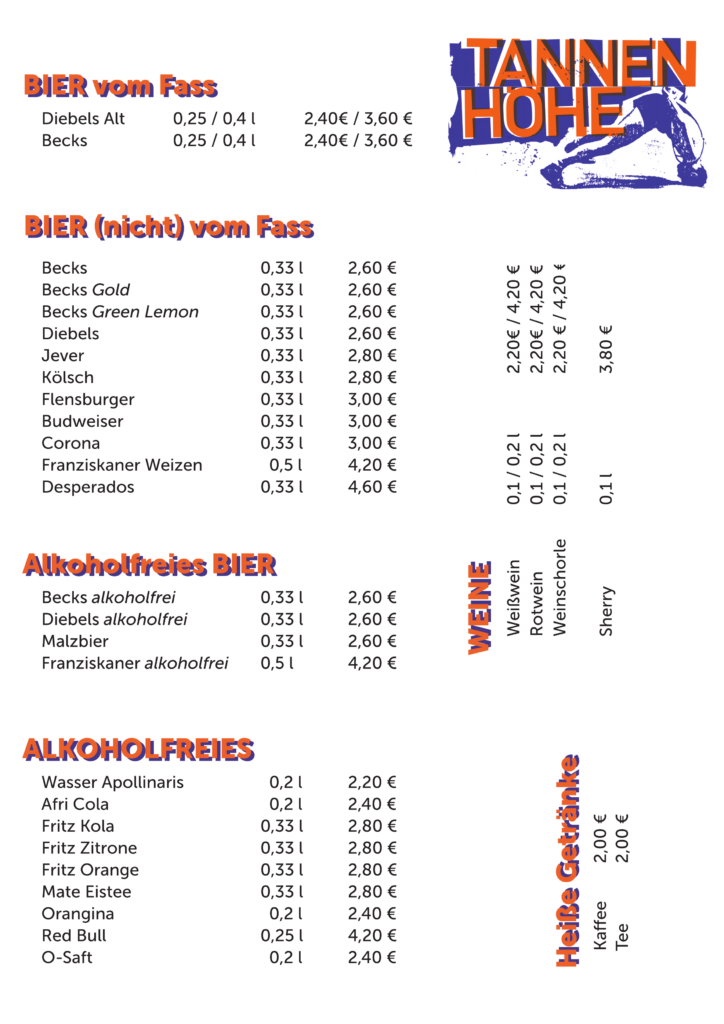 Getränkekarte der Tannenhöhe